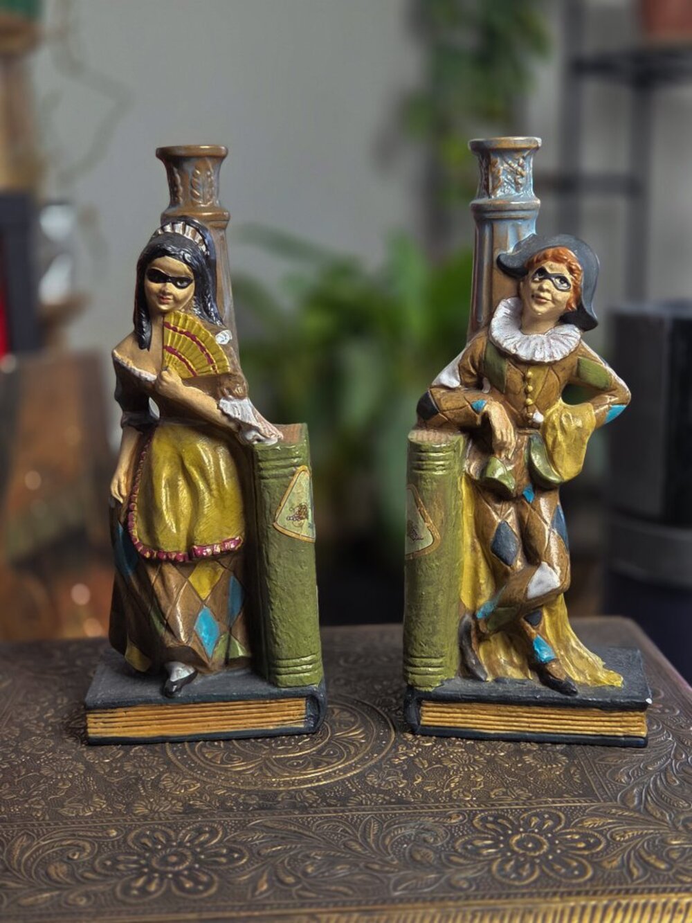 VINTAGE HARLEQUIN MASK MARDI GRAS BOTTLE BOOKEND S GIMIGNANO DECANTER